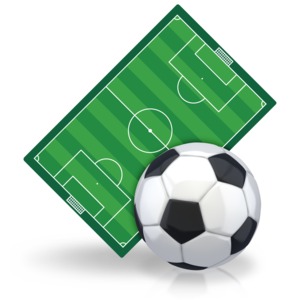 An image of a soccer field and oversized soccerball.