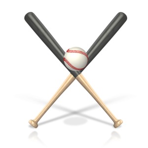 An image of two crossed bats with a single baseball.