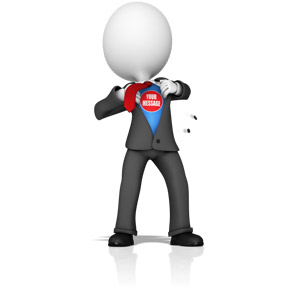 This custom clip art shows a business figure ripping open its suit to reveal a superhero costume underneath.  You can customize the costume area with your own text or image.