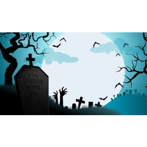 A Halloween background image with a custom gravestone in the bottom left.  Use a dark colored font for a more chiseled look on the stone.