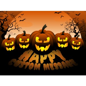 A your own spooky message to these sinister Halloween Jack-o-lanterns. Five carved pumpkins cast a Halloween message on the ground in front of them.