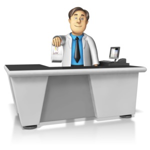 This clip art image shows a pharmacist handing medication over a counter.