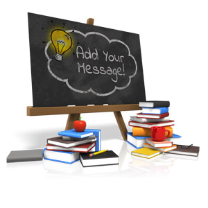 An image of a classic chalkboard with books along with misc teacher items. There is room on the chalkboard to put your own custom text.