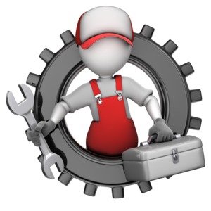 This clip art image shows a maintenance figure popping out from inside a gear holding a wrench and toolbox. 