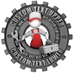 This clip art shows a maintenance figure popping out from the middle of connecting gears which has custom text around the outside.