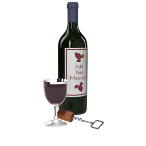 An opened bottle of wine with a full glass and cork. There is room on the wine bottle to put your own custom text or design.