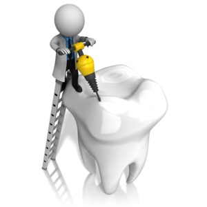 A dentist is shown working on someone&#039;s tooth with a jackhammer.
