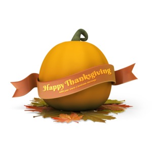 A rippling ribbon wraps around a pumpkin in the autumn or Thanksgiving themed image. You can change the message on the banner using our on-lin customization tools.