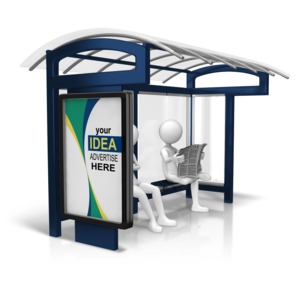 An image of a couple figures waiting at a bus stop. There is room on the sign to but your own custom text and design. 