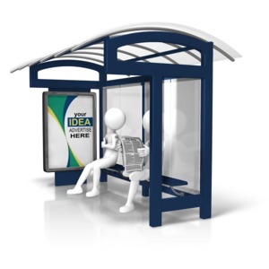 An image of a couple figures waiting at a bus stop. There is room on the sign to but your own custom text and design. 