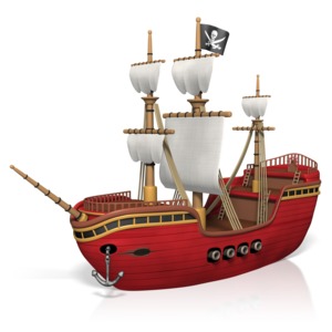 A toon-styled pirate ship with flag flying and canons ready.