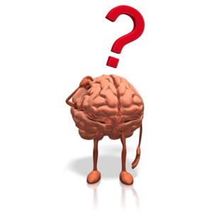 An image of a brain with a question above it.