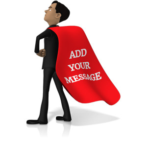 This custom clip art image shows a superhero business man standing strong with a cape.  You can customize the cape to have your own logo.