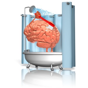 A brain figure is shown washing.
