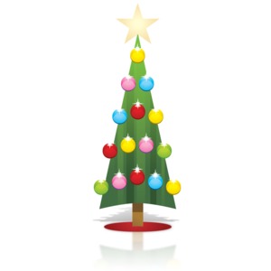 This clip art image shows a decorated simple Christmas tree.