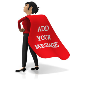This custom clip art image shows a super business woman standing strong with a cape.  You can customize the cape with your own logo and text.