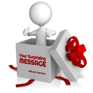 An image of a stick figure popping out of a box. There is room for you to put your own design on the box. As well as change the color of both the figure and the bow.