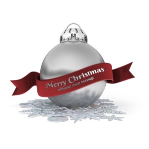 A silver Christmas tree ornament sits in a pile of snowflakes and is wrapped by a festive ribbon.  You can change the color of the ribbon and customized the message using our on-line tools.