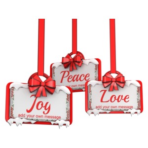 This custom design clip art image shows three signs hanging with bows on them.  You can customize the message with your own text in the Custom Message tab by double clicking on any text.  You can also add your own image by clicking the Add Image button.