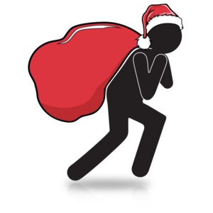 An image of a silhouette santa-type figure carrying a large bag.