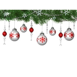 This clip art image shows ornament decorations hanging form pine.