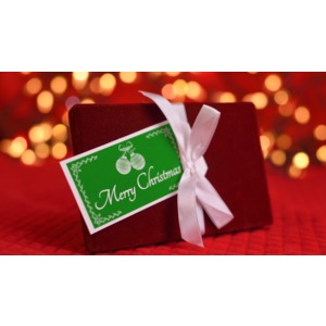 Customize the card on this Christmas box tied with a bow.