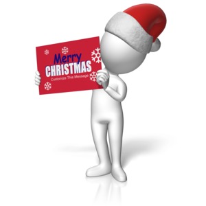 A stick figure is shown wearing a Santa hat. There is a sign to put your own custom designed holiday message.