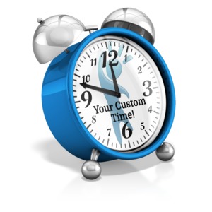 This custom design clip art shows an alarm clock which you can change the clocks hands to your own time.  Click the CUSTOM YOUR MESSAGE tab to edit the clocks hands or add your own logo on the clock using the Add Image feature in the custom tool area.