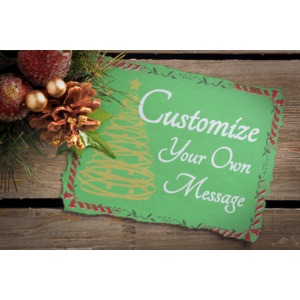 Customize your message on a torn-edged card resting on a wooden board with holiday decoration.