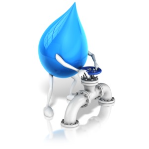 This clip image shows a water drop character turning a pipe valve.