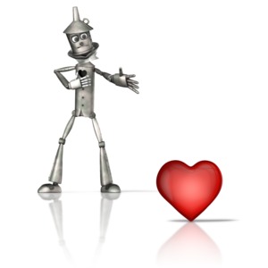 This clip art image shows a tin figure holding chest and reaching out hand for a heart.