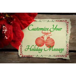 Customize your message on a torn-edged card resting on a wooden board with holiday decoration.