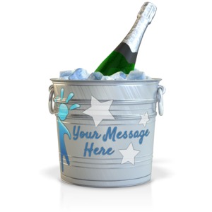 A champagne bottle chills sitting in a bucket of ice. There is room on the bucket to put your own custom text and design