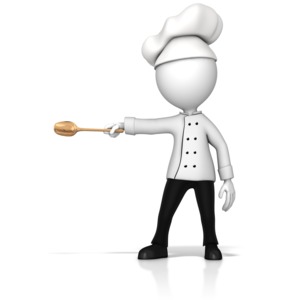 This clip art image shows a chef figure gesturing to the side with a wooden spoon.
