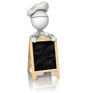 This clip art image shows a chef standing behind the daily special board.