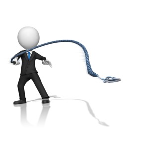 This clip art image shows a business figure in a suit using a whip.
