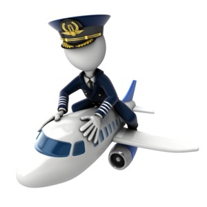 A pilot figure holds on while flying on top of an jetliner.