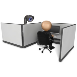 A coworker is shown using a periscope to peek over the top of the cubical spying on his coworker.