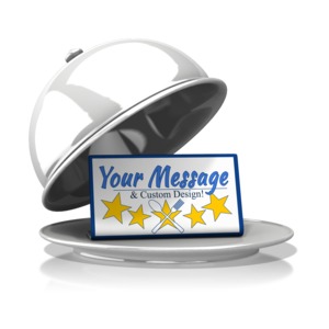 An image of a silver platter with the lid opened to reveal a card for you to put your own custom text and design on.