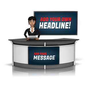 This custom design image shows a female news anchor sitting at a desk with a large screen in the background.