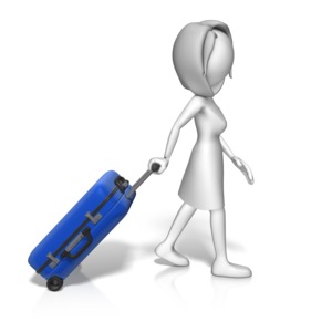 An image of a female stick figure walking while pulling luggage.