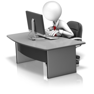 This clip art image shows a business employee figure fixated on a computer screen.