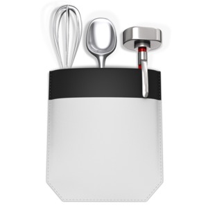 This clip art image shows a pocket of a chefs coat with a whisk, spoon and a thermometer inside.