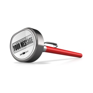 This custom design image shows a chefs thermometer that you can customize the digital face with your own message.