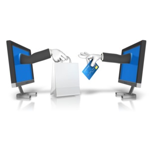 An image of two arms coming out of a computer screen making a purchase and exchange.
