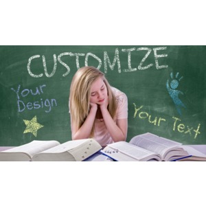 Place your custom chalkboard design behind a teenage girl studying from a pile of books.