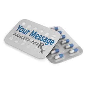 This custom design image shows two pill packs with on you can add your own design to the back of the packaging.  You can also select a new color for the pills.