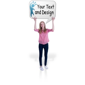 A teenage girl holds up a word balloon that you can place your own message inside.