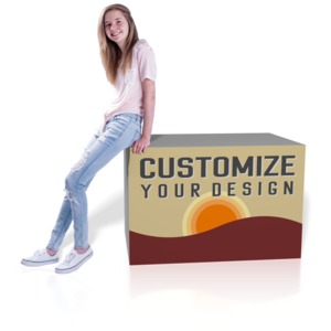 A teenage girl leans on a cube with your custom design on the front.