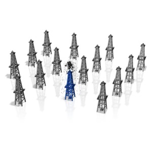 This clip art image shows a group of derrick oil rigs with one standout one producing oil.